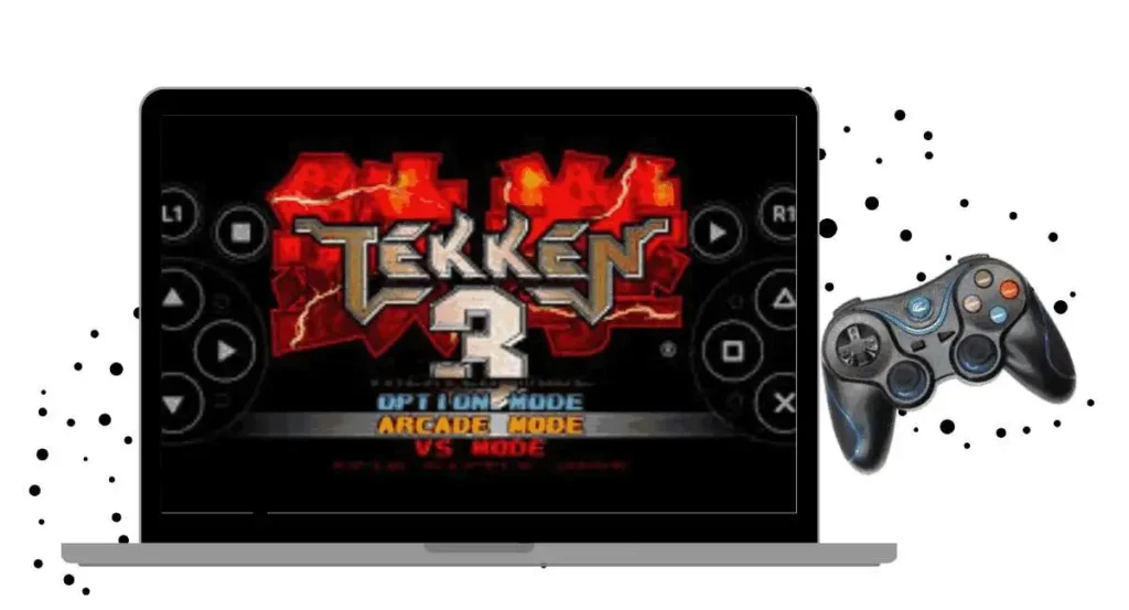 Tekken 3 screenshots in desktop frame with joystick showing controls